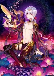 Rule 34 | 1boy, abs, bishounen, earrings, fate/grand order, fate (series), genderswap, genderswap (ftm), jewelry, kama (fate), kama (second ascension) (fate), long hair, looking at viewer, male focus, no nipples, outstretched arm, pectorals, pelvic curtain, pin1004, recursive genderswap, red eyes, silver hair, single earring, solo, thighhighs, toned, toned male, twitter username
