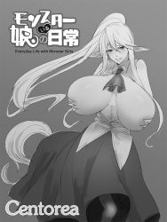 Rule 34 | 1girl, animal ears, ascot, blush, breasts, centaur, centorea shianus, character name, closed mouth, collared shirt, commentary request, copyright name, feet out of frame, grabbing own breast, greyscale, hair between eyes, horse ears, horse tail, huge breasts, long hair, looking at viewer, minami koyogi, monochrome, monster musume no iru nichijou, nipples, no bra, open clothes, open shirt, pointy ears, ponytail, shirt, skirt, sleeveless, sleeveless shirt, solo, tail, taur