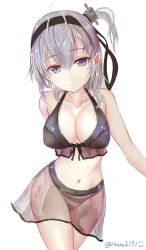 Rule 34 | 1girl, absurdres, arm behind back, bikini, black bikini, black headband, breasts, cleavage, collarbone, cowboy shot, franz (217franz), hair ornament, headband, highres, kantai collection, large breasts, long hair, looking at viewer, navel, one side up, purple eyes, sarong, silver hair, simple background, smile, solo, suzutsuki (kancolle), swimsuit, twitter username, upper body, white background