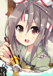 Rule 34 | 10s, 2girls, :d, ^^^, ahoge, alternate costume, amano kouki, black hair, brown eyes, brown hair, closed eyes, feeding, food, headband, headwear request, heart, highres, holding, imagining, incoming food, kantai collection, looking at viewer, multiple girls, muneate, open mouth, ponytail, pov feeding, shouhou (kancolle), smile, sweatdrop, zuihou (kancolle)