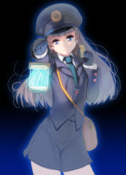 Rule 34 | 1girl, bag, black gloves, blue eyes, blunt bangs, closed mouth, cowboy shot, dark, gloves, gradient background, grey hair, hat, highres, kouno (masao), lantern, long hair, looking at viewer, original, outstretched arm, skirt, solo, standing, uniform