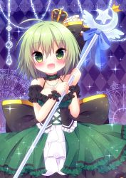 Rule 34 | 1girl, :d, absurdres, ahoge, argyle, argyle background, argyle clothes, bad id, bad pixiv id, bare shoulders, black bow, blush, border, bow, breasts, chain, cleavage, commentary request, crescent, crown, detached sleeves, dress, fangs, frilled bow, frills, green dress, green eyes, green hair, hair bow, highres, himetsuki luna, holding, holding staff, lace, lace border, medium breasts, mini crown, open mouth, ornate border, puffy short sleeves, puffy sleeves, purple background, short sleeves, sleeveless, sleeveless dress, smile, soga no tojiko, solo, staff, star (symbol), touhou, wrist cuffs