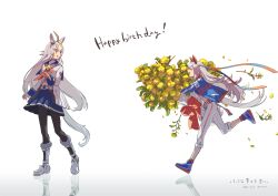 Rule 34 | 2girls, :o, ahoge, animal ears, belt, black pantyhose, blue footwear, blue jacket, blue skirt, boots, bouquet, breasts, buruma, dated, flower, grey hair, grey tail, hair ornament, hairband, happy birthday, high tops, highres, horse ears, horse girl, horse tail, jacket, long hair, long sleeves, looking at another, midriff, multiple girls, neckerchief, oguri cap (umamusume), open mouth, pants, pantyhose, red neckerchief, reflective floor, rongai rongai, shoes, sign, skirt, small breasts, smile, sneakers, tail, tamamo cross (umamusume), thighhighs, umamusume, white footwear, white jacket, white pants