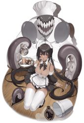 Rule 34 | 1girl, 1other, ahoge, apron, areola slip, ark order, bare shoulders, black bow, black bowtie, black dress, black hair, blush, bow, bowtie, breasts, bucket, chef hat, covered erect nipples, cthulhu mythos, cup, dark-skinned female, dark skin, detached collar, detached sleeves, dress, faux figurine, food, frilled apron, frills, from above, full body, hair bow, halftone, hat, holding, holding tray, large breasts, long hair, long sleeves, looking at viewer, maid, maid headdress, mug, nyarlathotep, nyarlathotep (ark order), official art, pleated dress, portal (object), pre (preecho), puffy long sleeves, puffy sleeves, sandwich, sitting, spill, teapot, teeth, tentacle hold, tentacles, thighhighs, transparent background, tray, twintails, very long hair, white apron, white bow, white thighhighs, zettai ryouiki, zipper