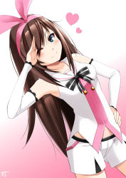 Rule 34 | 1girl, ;), black hair, blue eyes, commentary request, detached sleeves, gradient background, kizuna ai, kizuna ai inc., long hair, looking at viewer, one eye closed, salute, shorts, simple background, smile, solo, suzuna (najaran), virtual youtuber