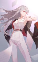 1girl absurdres bare_shoulders breasts cleavage crazy_ones grey_hair highres jacket jacket_on_shoulders jumpsuit large_breasts long_hair official_art red_eyes solo standing xia_bing_(crazy_ones)