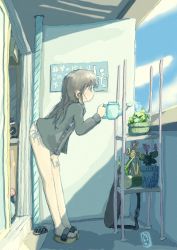 Rule 34 | 1girl, bare legs, black shirt, dress shirt, from side, gardening, holding, holding watering can, leaning forward, long hair, long sleeves, open clothes, open shirt, original, outdoors, panties, plant, potted plant, sandals, shelf, shirt, side-tie panties, sliding doors, solo, tomomi (user xtmw2443), underwear, veranda, watering, watering can, white panties