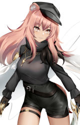 Rule 34 | 1girl, animal ear fluff, animal ears, arknights, black gloves, black hat, black shirt, black shorts, cabbie hat, commentary request, cowboy shot, dagger, dual wielding, gloves, gravel (arknights), gravel (modeling night) (arknights), grey eyes, hat, highres, holding, holding weapon, jewelry, knife, long hair, long sleeves, looking at viewer, necklace, official alternate costume, parted lips, pink hair, shirt, shorts, smile, solo, standing, thigh strap, thighs, wakamepiza, weapon, white background