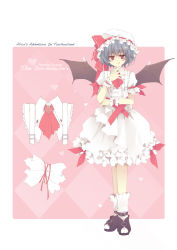 Rule 34 | 1girl, alice in wonderland, alternate costume, bat wings, blue hair, blue hallelujah, character name, character sheet, crossover, dress, hat, heart, licking lips, parody, red eyes, remilia scarlet, socks, solo, tongue, tongue out, touhou, wings