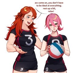 Rule 34 | 2girls, ball, bike shorts, black shirt, black shorts, braid, closed mouth, cowboy shot, double-parted bangs, english text, facing viewer, french braid, hair between eyes, highres, holding, holding ball, lavelis, long hair, looking at another, looking down, messy hair, multiple girls, muscular, muscular female, open hand, open mouth, original, pink hair, red eyes, red hair, red trim, shirt, short hair, shorts, simple background, speech bubble, sportswear, standing, talking, three quarter view, two-handed, volleyball (object), volleyball uniform, white background, yellow eyes