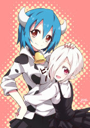Rule 34 | 2girls, :d, absurdres, animal print, bad id, bad pixiv id, bell, blue hair, blush, breasts, brown hair, choker, closed mouth, clothes writing, cow print, fang, fang out, hair between eyes, hair over one eye, halftone, hand on another&#039;s head, head tilt, highres, horns, hug, impossible clothes, impossible jacket, jacket, jashin-chan dropkick, large breasts, looking at viewer, minos (jashin-chan dropkick), multiple girls, neck bell, open clothes, open jacket, open mouth, persephone ii, pointy ears, red background, red eyes, shirt, signature, skirt, sleeves rolled up, smile, split mouth, suspender skirt, suspenders, twisted neck, white shirt, yuuki shushu