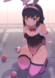 Rule 34 | 1girl, alternate costume, animal ears, bare shoulders, black hair, blush, bow, bowtie, breasts, cleavage, closed mouth, covered navel, creatures (company), dawn (pokemon), detached collar, elbow gloves, fake animal ears, full body, game freak, gloves, groin, hair ornament, hairband, high heels, highleg, highleg leotard, highres, holding, holding poke ball, kneeling, leotard, leotard tug, long hair, looking at viewer, medium breasts, nintendo, pink thighhighs, playboy bunny, poke ball, poke ball (basic), pokemon, pokemon dppt, rabbit ears, rabbit tail, red bow, red bowtie, solo, spring2013, sweatdrop, tail, thighhighs, thighs, v-shaped eyebrows, white gloves