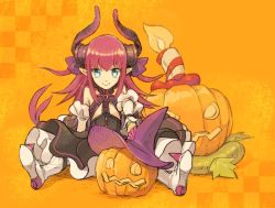 Rule 34 | 10s, 1girl, asymmetrical horns, blue eyes, boots, candle, checkered background, curled horns, detached sleeves, dress, elizabeth bathory (fate), elizabeth bathory (fate/extra ccc), elizabeth bathory (first ascension) (fate), fate/extra, fate/extra ccc, fate (series), hair ribbon, hat, high heel boots, high heels, hiyo (y hiyoshi), horns, jack-o&#039;-lantern, layered dress, looking at viewer, orange background, pink hair, pointy ears, ribbon, sitting, smile, solo, uneven horns, witch hat