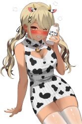 Rule 34 | 1girl, 4kebidayo, absurdres, animal ears, animal print, bare shoulders, bell, black ribbon, blonde hair, blush, bottle, breasts, brown hair, cable knit, cleavage, cleavage cutout, clothing cutout, cow ears, cow girl, cow horns, cow print, cowbell, dress, ear blush, ear piercing, grin, gyaru, hair ornament, highres, holding, holding bottle, horns, implied breast milk, jewelry, kaminari qpi, lightning bolt piercing, looking at viewer, low twintails, medium breasts, milk bottle, multicolored hair, neck bell, necklace, nose blush, orange eyes, orange nails, parted lips, piercing, ribbed dress, ribbon, short dress, simple background, sitting, skindentation, sleeveless, sleeveless dress, smile, solo, streaked hair, sweater, sweater dress, thighhighs, thighs, tooth necklace, turtleneck dress, twintails, virtual youtuber, vspo!, white background, white dress, white thighhighs, x hair ornament, zettai ryouiki