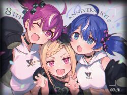 3girls ;d absurdres ahoge beagallta_(phantom_of_the_kill) black_choker black_shirt blonde_hair blue_eyes blue_hair braid choker copyright_notice fang hands_up highres hood hood_down hoodie looking_at_viewer morallta_(phantom_of_the_kill) multiple_girls murgleys_(phantom_of_the_kill) official_art one_eye_closed open_mouth phantom_of_the_kill red_eyes red_hair second-party_source shirt signature skin_fang sleeveless sleeveless_hoodie smile to_maru twintails white_hood white_hoodie