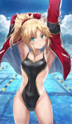 Rule 34 | 1girl, alternate costume, blonde hair, braid, breasts, commentary request, competition swimsuit, covered navel, fate/grand order, fate (series), french braid, green eyes, hair ornament, hair scrunchie, highres, jacket, lane line, long hair, looking at viewer, mordred (fate), mordred (fate/apocrypha), one-piece swimsuit, parted bangs, ponytail, pool, red scrunchie, scrunchie, sidelocks, small breasts, smile, solo, swimsuit, thighs, tonee, two-tone swimsuit, white one-piece swimsuit