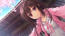 Rule 34 | 1girl, akizora momiji, blue sky, blush, brown hair, building, cherry blossoms, closed mouth, collarbone, day, dress, dutch angle, from below, game cg, highres, hood, hood down, hooded jacket, house, inochi no spare - i was born for you, jacket, long hair, long sleeves, looking down, open clothes, open jacket, outdoors, petals, pink jacket, pink ribbon, plant, red eyes, ribbon, shukugawa meguri, sky, smile, solo, tree, upper body, white dress