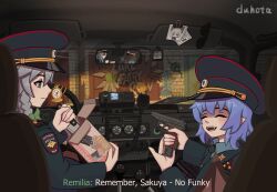 Rule 34 | 5girls, absurdres, alternate costume, artist name, blonde hair, blue dress, blue eyes, blue hair, box, braid, call of duty, call of duty: modern warfare 2, car interior, cirno, closed eyes, closed mouth, commentary, daiyousei, dress, duhota, english text, unworn eyewear, fairy wings, fangs, fumo (doll), graffiti, green hair, grey hair, gun, handgun, hat, highres, holding, holding box, holding gun, holding knife, holding weapon, ice, ice wings, izayoi sakuya, kitchen knife, knife, light purple hair, long sleeves, looking at another, medium hair, meme, multiple girls, no russian (meme), open mouth, peaked cap, photo (object), police, police badge, police uniform, policewoman, purple hair, rear-view mirror, reflection, remilia scarlet, rumia, russia, russian text, short hair, sitting, smile, standing, stopwatch, subtitled, sunglasses, touhou, translation request, uniform, vampire, watch, weapon, weapon request, wings