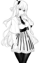 Rule 34 | 1girl, bow, breasts, capelet, closed mouth, emily stock, greyscale, hair between eyes, hair bow, hand up, long hair, long sleeves, looking at viewer, medium breasts, monochrome, necktie, one side up, original, pantyhose, ririko (zhuoyandesailaer), shirt, short necktie, simple background, skirt, smile, solo, star (symbol), striped clothes, striped skirt, vertical-striped clothes, vertical-striped skirt, very long hair, white background