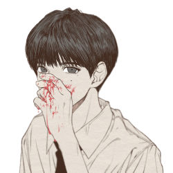 Rule 34 | 1boy, bleeding, blood, blood on face, blood on hands, blurry, collared shirt, covered mouth, depth of field, hand on own face, hand up, looking at viewer, male focus, mole, mole under eye, muryo, necktie, original, portrait, shirt, short hair, simple background, solo, spot color