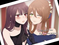 Rule 34 | 2girls, bare shoulders, black dress, black gloves, blue dress, blush, closed mouth, collarbone, dress, english text, girls&#039; frontline, gloves, green eyes, hair ornament, hairclip, half gloves, highres, long hair, looking at viewer, multiple girls, official alternate costume, one eye closed, open mouth, orange hair, polaroid, purple eyes, purple hair, screen, simple background, single-shoulder dress, smile, springfield (girls&#039; frontline), springfield (queen in radiance) (girls&#039; frontline), sui (camellia), wa2000 (ballroom interlude) (girls&#039; frontline), wa2000 (girls&#039; frontline)