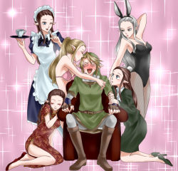 Rule 34 | 1boy, 5girls, @ @, alternate color, animal ears, apron, bikini, blue eyes, blush, boots, brown hair, china dress, chinese clothes, clone, contemporary, cup, dress, closed eyes, fake animal ears, fingerless gloves, fishnet pantyhose, fishnets, formal, full body, gloves, harem, hat, high heels, jacket, kiss, leotard, link, long hair, maid headdress, multiple girls, multiple persona, nintendo, office lady, one eye closed, pantyhose, pencil skirt, playboy bunny, pointy ears, ponytail, princess zelda, rabbit ears, rabbit tail, skirt, skirt suit, smile, sparkle, suit, sweat, swimsuit, tail, the legend of zelda, the legend of zelda: twilight princess, tunic, wasabi (legemd), wink