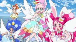 Rule 34 | 4girls, animal ears, anime screenshot, arisugawa himari, bare shoulders, berry, blue sky, boots, choker, cloud, cure custard, cure gelato, cure parfait, cure whip, dress, earrings, elbow gloves, food, food-themed hair ornament, fruit, gloves, hair ornament, headband, highres, horse ears, jewelry, kirahoshi ciel, kirakira precure a la mode, kirakira precure a la mode: paritto! omoide no mille-feuille!, kiwi (fruit), leaf, lemon, long hair, multicolored eyes, multiple girls, non-web source, open mouth, orange (fruit), parfait, pearl choker, pearl earrings, pink gloves, pink hair, ponytail, precure, rabbit ears, sky, strapless, strapless dress, surprised, tail, tategami aoi, usami ichika, white footwear, white gloves, white tail, white wings, wide-eyed, wings, yellow dress