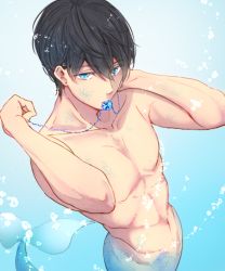 Rule 34 | 10s, 1boy, bad id, bad pixiv id, bare pectorals, black hair, blue background, blue eyes, blue theme, free!, gradient background, jewelry, male focus, merman, monster boy, mouth hold, nanase haruka (free!), necklace, no nipples, pectorals, simple background, solo, stomach