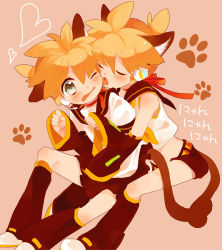 Rule 34 | 1boy, 1girl, amezawa koma, animal ears, aqua eyes, bad id, bad pixiv id, blonde hair, blush, brother and sister, cat ears, cat tail, clone, cosplay, fang, headphones, kagamine len, kagamine rin, kagamine rin (cosplay), licking, necktie, shorts, siblings, tail, twins, vocaloid, wince, yaoi