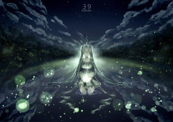 Rule 34 | 1girl, dress, female focus, green hair, hatsune miku, highres, kimven, long hair, night, sky, solo, star (symbol), tree, twintails, vocaloid, water, wet