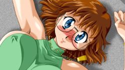 Rule 34 | 1990s (style), 1girl, :3, armpits, arms up, bare shoulders, blue eyes, blush, breasts, brown hair, character request, covered erect nipples, game cg, glasses, jewelry, kimura takahiro, large breasts, looking at viewer, lying, necklace, no bra, on air (game), on back, on floor, round eyewear, short hair, sideboob, solo, source request