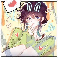 Rule 34 | 1boy, :p, alternate hairstyle, androgynous, black hair, drawn ears, drawn heart, drawn whiskers, face filter, finger to mouth, genshin impact, gradient hair, green eyes, green hair, green sweater, gyeol hon102, hand on own chin, heart, highres, knees up, light blush, long sleeves, looking at viewer, male focus, medium hair, multicolored hair, short hair with long locks, sidelocks, solo, speech bubble, spoken heart, sweater, tongue, tongue out, two-tone hair, upper body, venti (genshin impact)