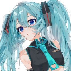 Rule 34 | 1girl, adapted costume, aqua hair, artist name, bare shoulders, blue eyes, breasts, clothing cutout, crop top, detached sleeves, gotou (nekocat), hair between eyes, hatsune miku, heart cutout, highres, long hair, looking at viewer, name tag, necktie, open mouth, simple background, small breasts, solo, twintails, upper body, vocaloid, white background, wings
