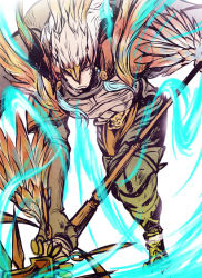 Rule 34 | 10s, 1boy, armor, bird, eagle, feathers, frown, gb hm, granblue fantasy, holding, holding weapon, leaning forward, magic, male focus, nezahualpilli, polearm, red eyes, simple background, solo, spear, weapon, white background