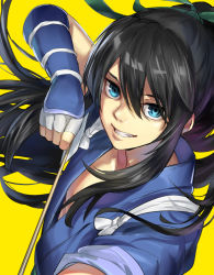 Rule 34 | 1boy, androgynous, arrow (projectile), black hair, blue eyes, commentary request, drifters, grin, hair ribbon, holding, holding arrow, long hair, looking at viewer, male focus, nasu no yoichi, ponytail, ribbon, shiromi (ringo), smile, solo, trap