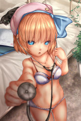 Rule 34 | 1girl, :o, alice margatroid, beret, blonde hair, blue eyes, blue hairband, blurry, blurry background, blush, bow, bow bra, bow panties, bra, breasts, cat, cleavage, collarbone, cowboy shot, day, depth of field, foreshortening, futon, gluteal fold, hairband, hat, hat bow, highres, holding, ivy, leaning forward, looking at viewer, medium breasts, navel, open mouth, outdoors, panties, pink hat, plant, ribbon-trimmed panties, short hair, shounen (hogehoge), skindentation, solo, standing, stethoscope, sweatdrop, thighs, touhou, underwear, underwear only, white bra, white panties