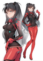 Rule 34 | 1girl, :d, alternate costume, ass, between fingers, black hair, blush, bodysuit, breasts, cosplay, covered navel, earrings, fate/stay night, fate (series), full body, gem, gluteal fold, hair ornament, hand on own hip, highres, holding, jewelry, long hair, looking at viewer, multiple views, neon genesis evangelion, open mouth, parted bangs, parted lips, plugsuit, red gemstone, siino, simple background, skin tight, small breasts, smile, souryuu asuka langley, souryuu asuka langley (cosplay), standing, test plugsuit, thigh gap, tohsaka rin, two side up, v-shaped eyebrows, very long hair, white background