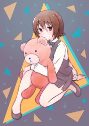 Rule 34 | 1girl, alternate costume, bare legs, black footwear, black vest, blush, bow, bowtie, brown eyes, brown hair, commentary, dress shirt, flats, girls und panzer, highres, holding, holding stuffed toy, itsumip, long sleeves, looking at viewer, miniskirt, nishizumi maho, office lady, pencil skirt, shirt, short hair, side slit, sitting, skirt, solo, stuffed animal, stuffed toy, teddy bear, triangle, vest, white shirt