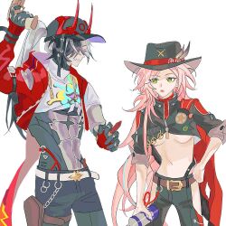 Rule 34 | 1boy, 1girl, arm up, asymmetrical sleeves, baseball cap, bell, belt, black hair, black jacket, black pants, boothill (honkai: star rail), bottle, breasts, brown belt, bullet, clenched teeth, closed eyes, clothing cutout, collared jacket, cowbell, crop top, friends, from side, green eyes, grey hair, gun, hair over one eye, hand on own hip, hand up, hat, high ponytail, holding, holding bottle, holding bullet, holding gun, holding weapon, honkai: star rail, honkai (series), jacket, jwisae232, korean commentary, large breasts, leg cutout, long hair, looking to the side, mechanical arms, multicolored hair, navel, open clothes, open jacket, open mouth, pants, partially unzipped, pink hair, ponytail, pouch, rappa (honkai: star rail), red jacket, sharp teeth, simple background, sleeves rolled up, standing, stomach, teeth, thigh pouch, underboob, uneven sleeves, wavy hair, weapon, white background, white belt