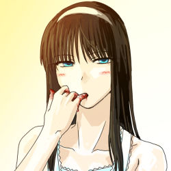 Rule 34 | 00s, 1girl, bad anatomy, bare shoulders, blood, blood on hands, blunt bangs, brown hair, collarbone, green eyes, licking, licking finger, looking at viewer, poorly drawn, portrait, simple background, solo, tohno akiha, tsukihime, upper body, yellow background