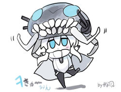 Rule 34 | 10s, 1girl, abyssal ship, arms up, artist name, black panties, blue eyes, blush, bodysuit, character name, chibi, colored skin, hat, kantai collection, leg up, long hair, motion lines, panties, pants, sidelocks, solo, tentacles, turret, underwear, white hair, white skin, wo-class aircraft carrier, yuzuki gao
