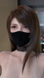 Rule 34 | 1girl, 3d, alternate costume, bare shoulders, brown eyes, brown hair, choker, collarbone, covered mouth, earrings, face mask, female focus, final fantasy, final fantasy vii, final fantasy vii remake, highres, jewelry, mask, mask on head, mouth mask, photo (medium), slash (slash-soft), solo, square enix, tagme, tan, tanline, tifa lockhart