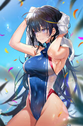 Rule 34 | 1girl, absurdres, armpits, arms up, black hair, breasts, competition swimsuit, confetti, covered navel, day, drying, highleg, highleg swimsuit, highres, holding, holding towel, large breasts, long hair, looking to the side, multicolored clothes, multicolored swimsuit, naked towel, one-piece swimsuit, original, outdoors, pool, purple eyes, solo, summer, swimsuit, teddy (khanshin), towel, wet, wet clothes, wet swimsuit