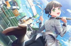 1girl :d black_hair black_pants blue_sky blunt_bangs blunt_ends blurry blurry_foreground brown_footwear chair cloud desk folded_ponytail game_cg green_eyes grey_jacket hanamusubi_(love_live!) highres holding jacket leg_up link!_like!_love_live! loafers locker looking_at_viewer looking_back love_live! momose_ginko official_alternate_costume official_art open_mouth outdoors pants plaid_clothes plaid_jacket podium school_chair school_desk shoe_soles shoes short_hair sidelocks sky smile solo stairs streamers third-party_source virtual_youtuber