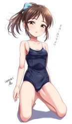 Rule 34 | 1girl, barefoot, blue one-piece swimsuit, blush, bow, breasts, brown eyes, brown hair, collarbone, commentary request, covered navel, dated, hair bow, highres, idolmaster, idolmaster cinderella girls, kneeling, long hair, looking at viewer, one-piece swimsuit, parted lips, ponytail, school swimsuit, sidelocks, small breasts, swimsuit, tachibana arisu, translation request, yoohi