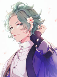 Rule 34 | 1boy, bangs pinned back, cherry blossoms, flower, from argonavis, green hair, hair flower, hair ornament, haori, highres, himishiro, japanese clothes, male focus, nijou kanata, simple background, solo, tongue, tongue out, upper body, white background
