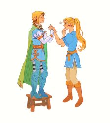 Rule 34 | 1boy, 1girl, alternate costume, birdfrogdraws, blonde hair, blue shirt, blush, boots, brown footwear, cape, cosplay, closed eyes, fingerless gloves, gloves, green cape, highres, link, link (cosplay), long hair, nintendo, pointy ears, ponytail, princess zelda, puffy short sleeves, puffy sleeves, shirt, short sleeves, simple background, smile, standing, stool, the legend of zelda, the legend of zelda: breath of the wild, white background