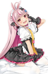 Rule 34 | 1girl, :d, ahoge, animal ears, bed sheet, between legs, black gloves, black ribbon, black skirt, blush, braid, commentary request, fang, gloves, hair ornament, hair ribbon, hand between legs, hand up, indie virtual youtuber, layered skirt, long hair, multicolored hair, natsume eri, necktie, no shoes, open mouth, pink hair, pleated skirt, puffy short sleeves, puffy sleeves, rabbit ears, rabbit girl, rabbit tail, red eyes, ribbon, shirt, short sleeves, simple background, sitting, skirt, smile, solo, streaked hair, tail, thighhighs, tomari mari, very long hair, virtual youtuber, wariza, white background, white shirt, white thighhighs, x hair ornament, yellow necktie