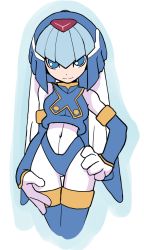 Rule 34 | 1girl, android, blue eyes, cowboy shot, cropped legs, female focus, hand on own hip, hands on own hips, helmet, fairy leviathan (mega man), looking at viewer, mega man (series), mega man zero (series), muu (mumumer), simple background, solo, thighhighs