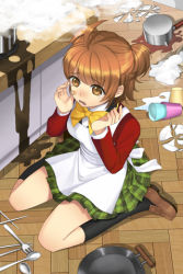 Rule 34 | 1girl, ahoge, apron, arms up, bandages, beuliseuka, black socks, blazer, bow, broken plate, crying, crying with eyes open, cup, failure, fork, frown, frying pan, jacket, kneehighs, loafers, lowres, open mouth, orange eyes, orange hair, plaid, plaid skirt, plate, pleated skirt, pot, ribbon, school uniform, seiza, shoes, short hair, sitting, skirt, smoke, socks, solo, spill, spoon, sword girls, tears